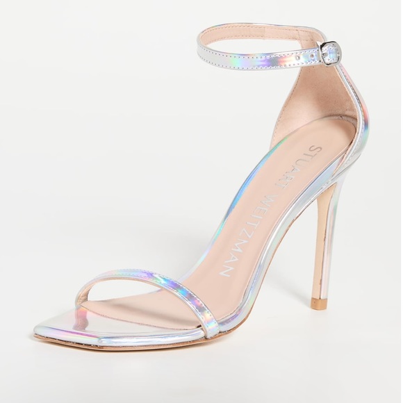 Stuart Weitzman Nudistcurve iridescent Silver Patent leather Ankle strap size 8 - Picture 4 of 15